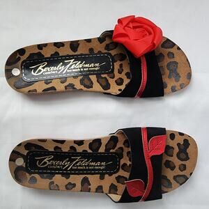 Beverly Feldman Leopard Print Women Slides Size 39 Red Rose Detail Y2K Like New